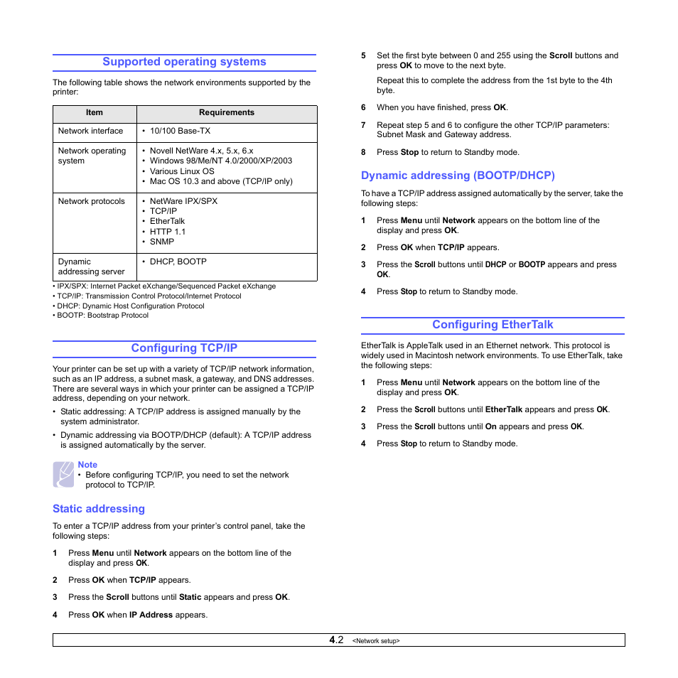 Supported operating systems, Configuring tcp/ip, Static addressing | Dynamic addressing (bootp/dhcp), Configuring ethertalk | Samsung ML-4551N User Manual | Page 27 / 111