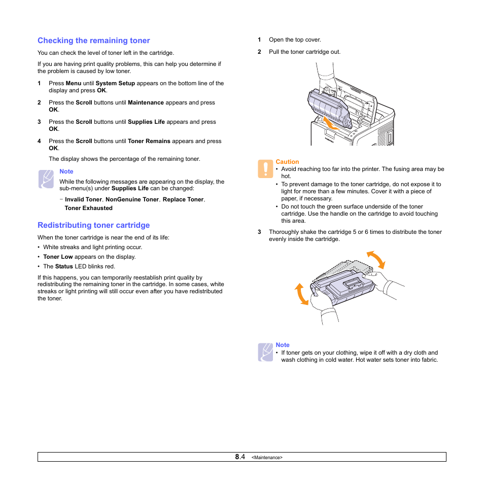 Checking the remaining toner, Redistributing toner cartridge | Samsung ML-4551N User Manual | Page 42 / 111