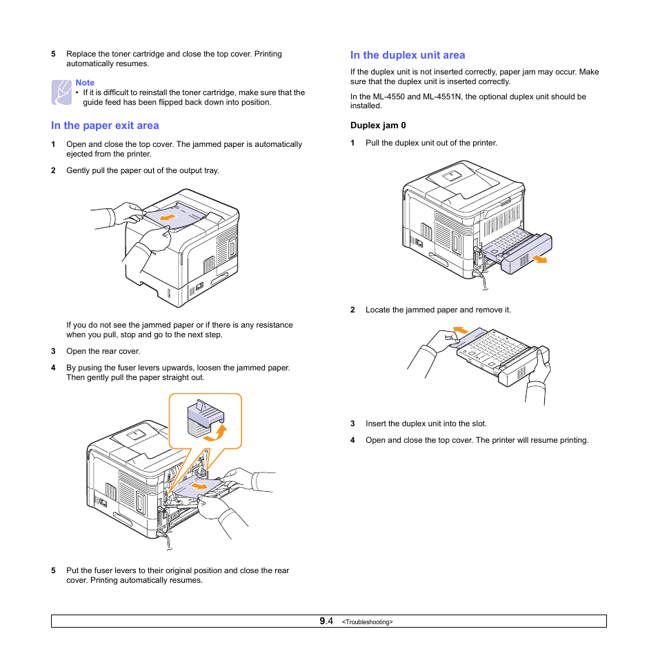 In the paper exit area, In the duplex unit area | Samsung ML-4551N User Manual | Page 49 / 111