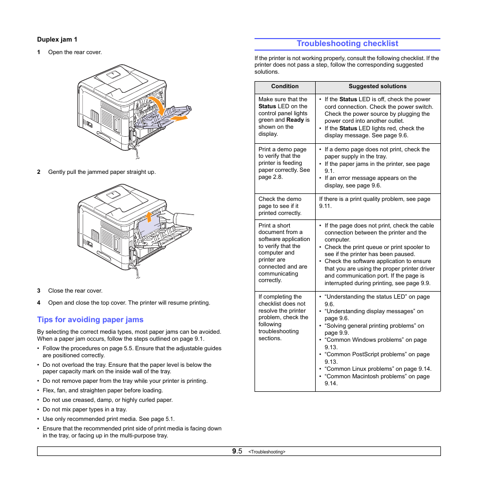 Tips for avoiding paper jams, Troubleshooting checklist | Samsung ML-4551N User Manual | Page 50 / 111