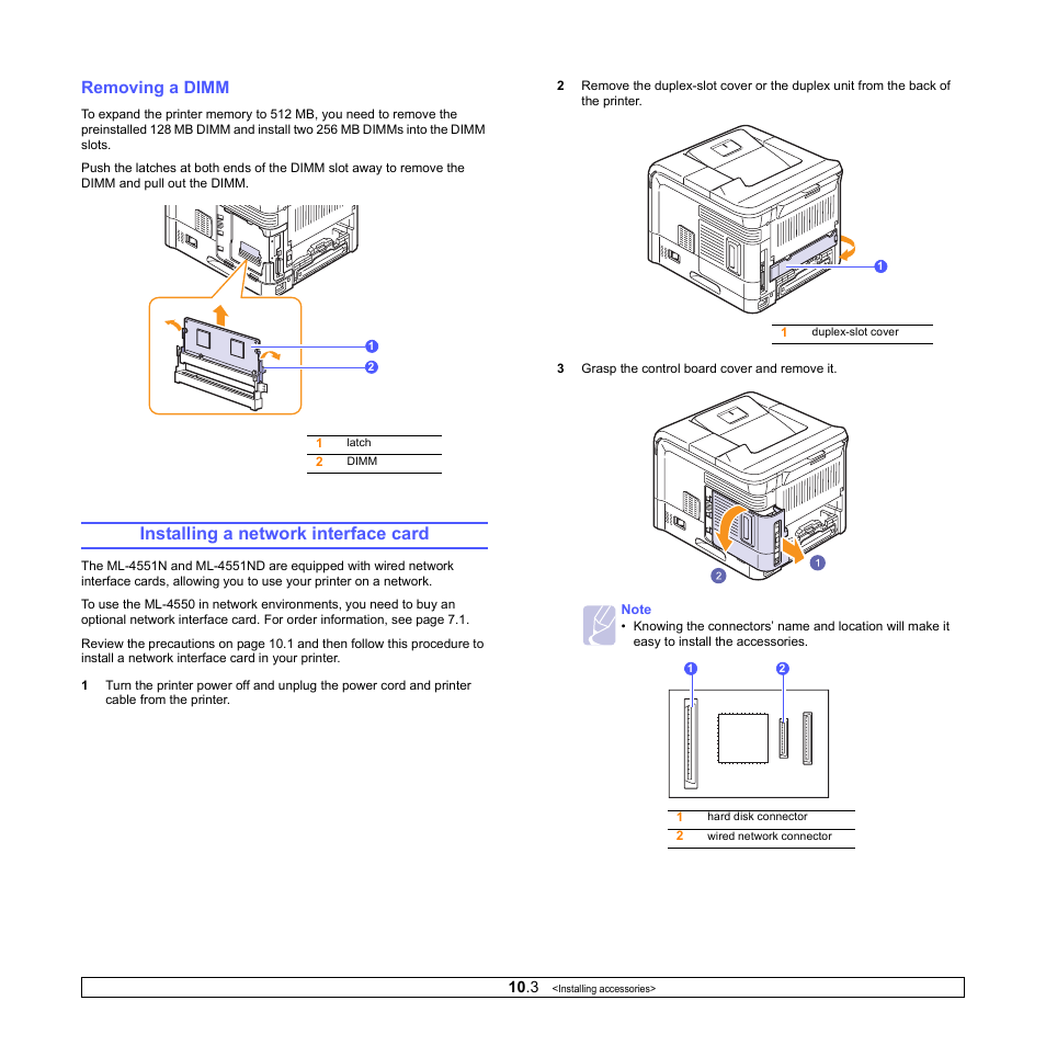 Removing a dimm, Installing a network interface card | Samsung ML-4551N User Manual | Page 62 / 111