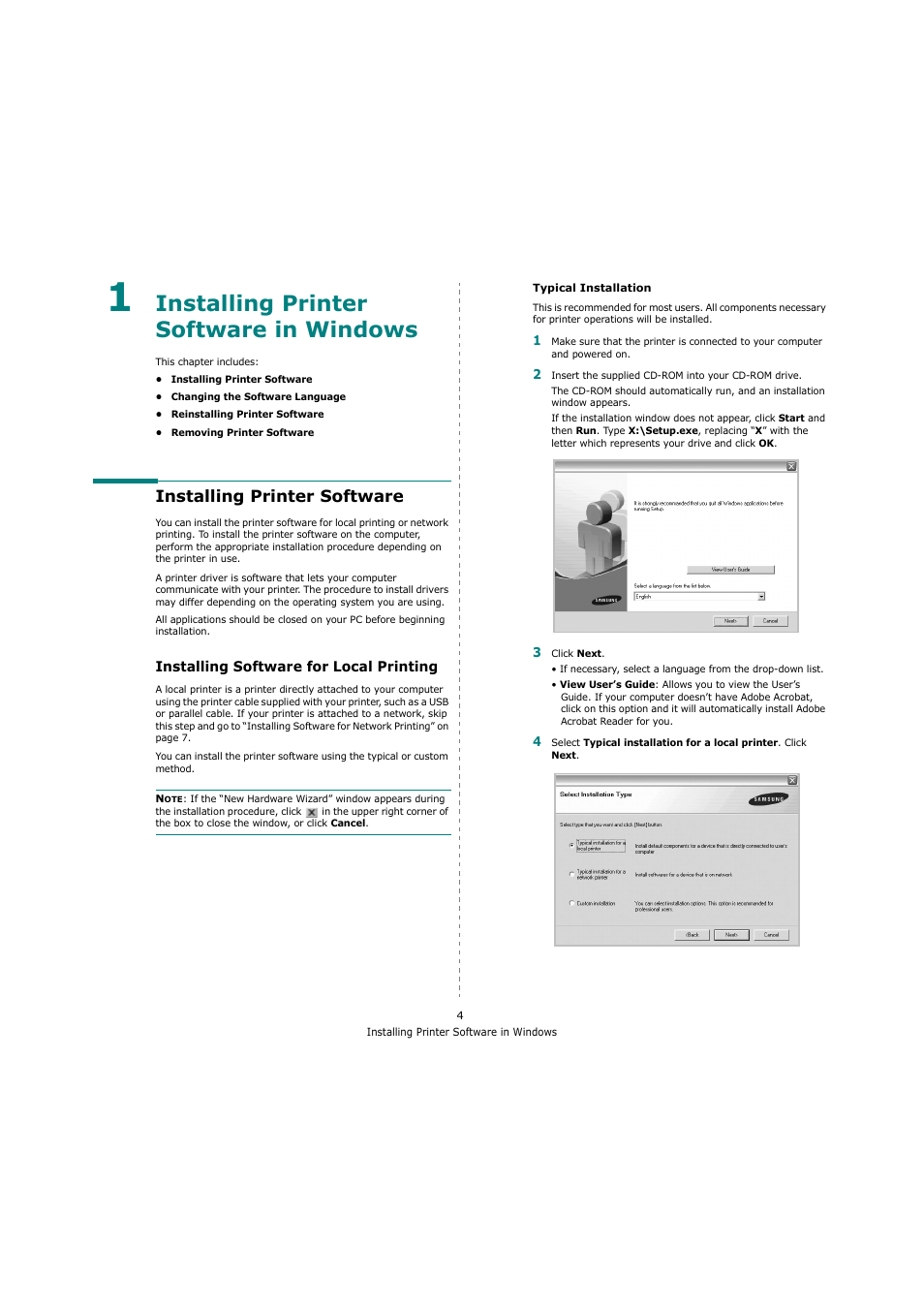 Installing printer software in windows, Installing printer software, Installing software for local printing | Chapter 1 | Samsung ML-4551N User Manual | Page 75 / 111