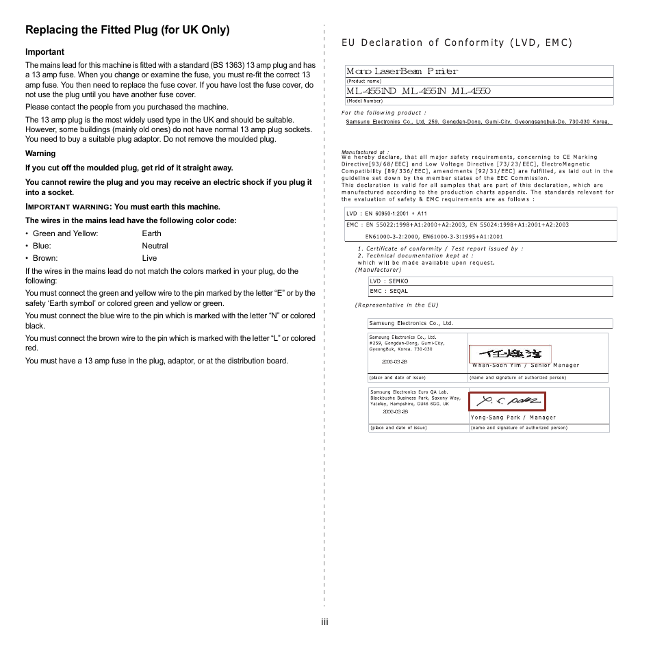 Replacing the fitted plug (for uk only) | Samsung ML-4551N User Manual | Page 8 / 111