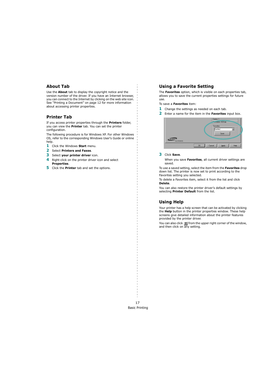 About tab, Printer tab, Using a favorite setting | Using help, About tab - printer tab, Using a favorite setting - using help | Samsung ML-4551N User Manual | Page 88 / 111