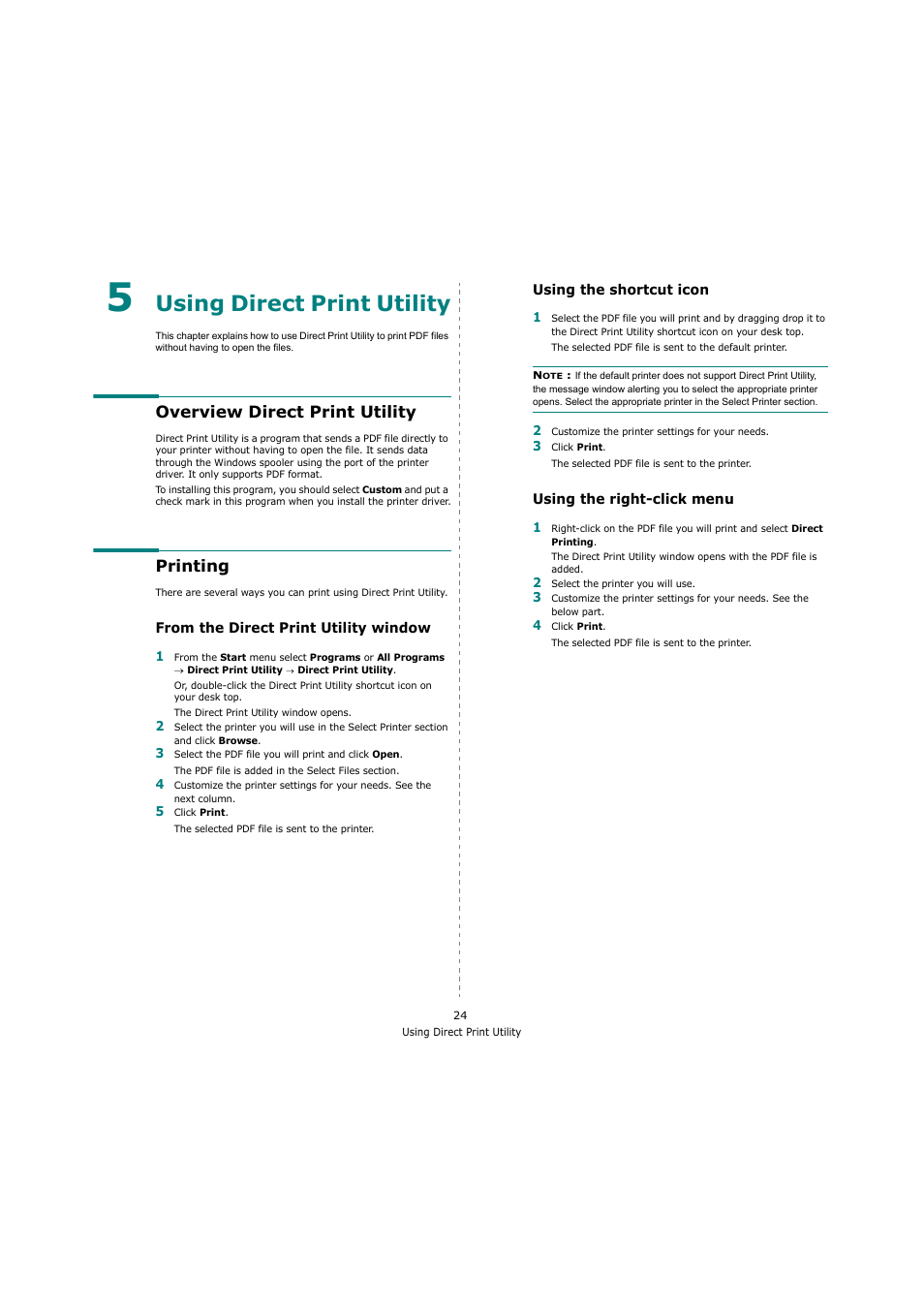 Using direct print utility, Overview direct print utility, Printing | From the direct print utility window, Using the shortcut icon, Using the right-click menu, Chapter 5, Overview direct print utility printing | Samsung ML-4551N User Manual | Page 95 / 111