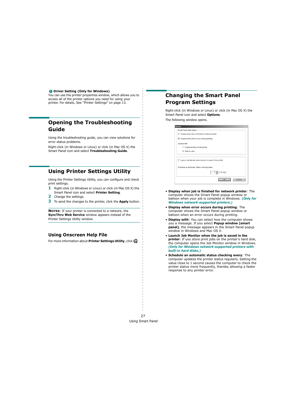 Opening the troubleshooting guide, Using printer settings utility, Using onscreen help file | Changing the smart panel program settings | Samsung ML-4551N User Manual | Page 98 / 111