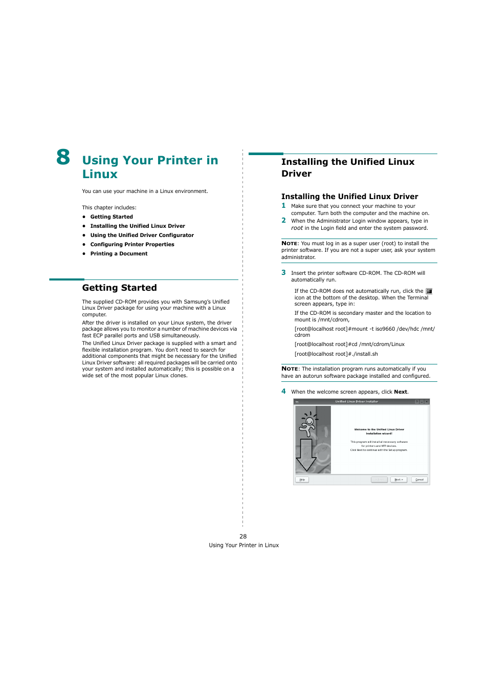 Using your printer in linux, Getting started, Installing the unified linux driver | Chapter 8 | Samsung ML-4551N User Manual | Page 99 / 111
