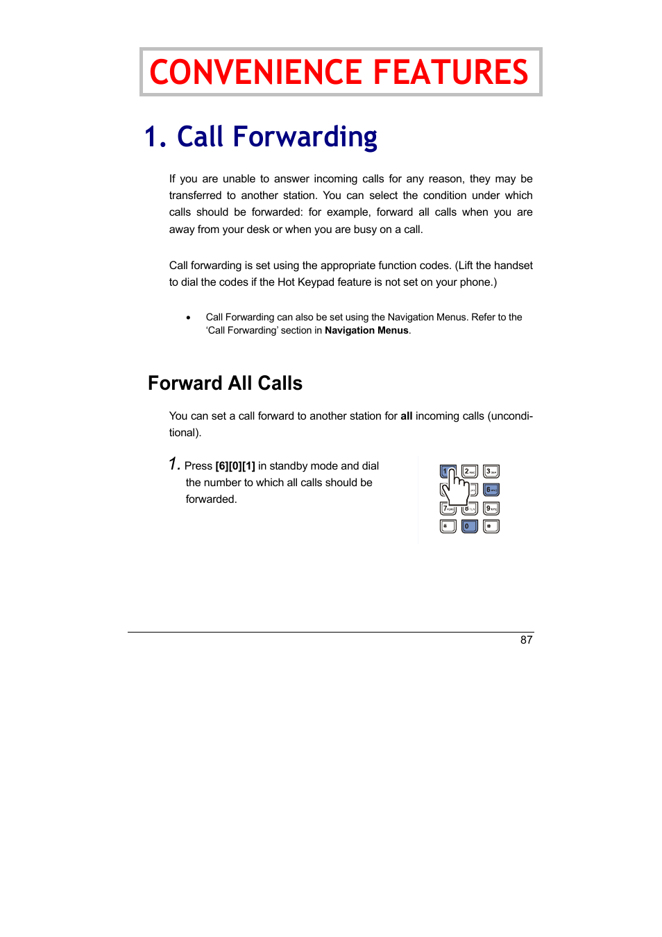 Convenience features, Call forwarding, Call forwarding forward all calls | Forward all calls | Samsung DS-5012L User Manual | Page 100 / 187