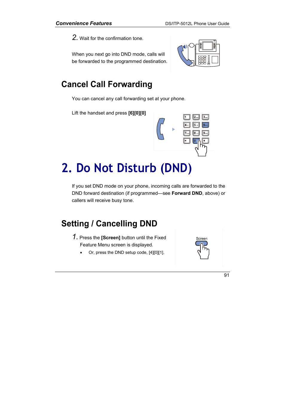 Do not disturb (dnd), Cancel call forwarding, Setting / cancelling dnd | Samsung DS-5012L User Manual | Page 104 / 187