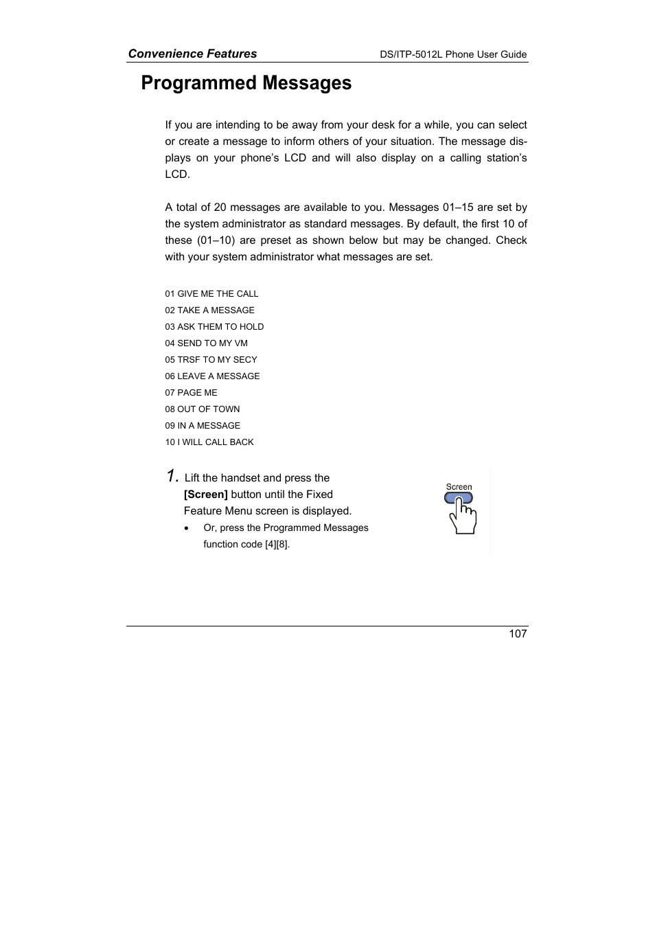 Programmed messages | Samsung DS-5012L User Manual | Page 120 / 187