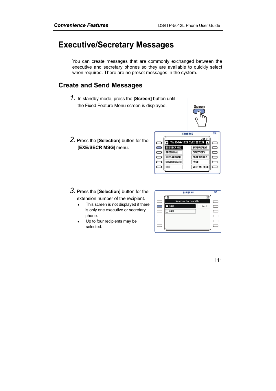 Executive/secretary message, Executive/secretary messages, Create and send messages | Samsung DS-5012L User Manual | Page 124 / 187