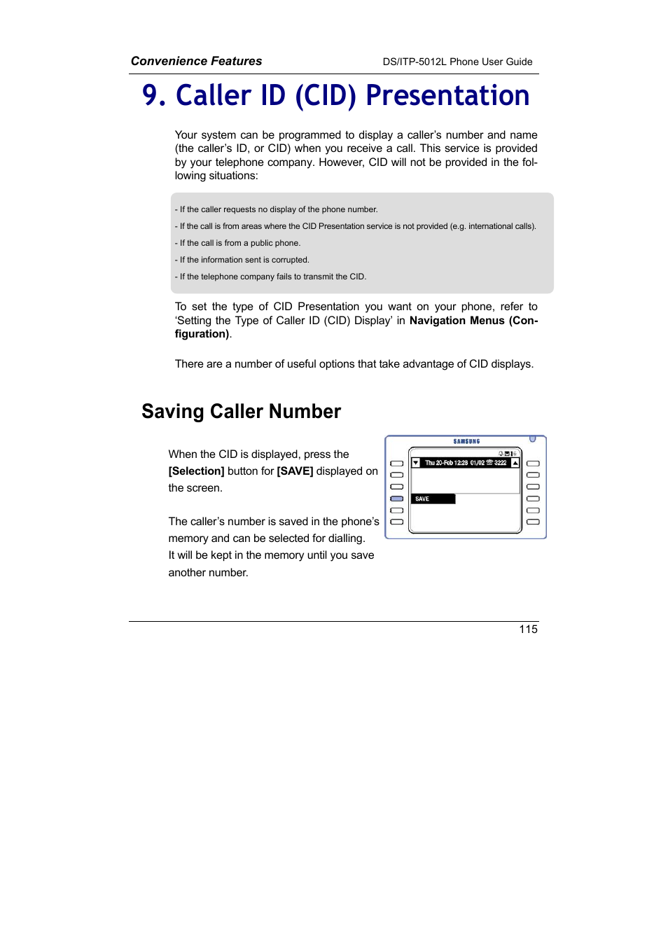 Caller id (cid) presentation, Caller id (cid) presentation saving caller number, Saving caller number | Samsung DS-5012L User Manual | Page 128 / 187