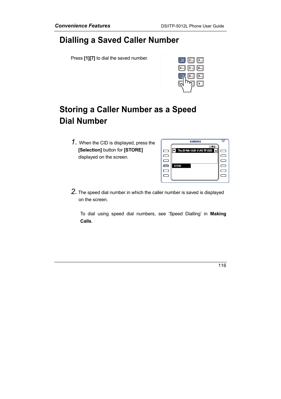 Dialling a saved caller number, Storing a caller number as a speed dial number | Samsung DS-5012L User Manual | Page 129 / 187