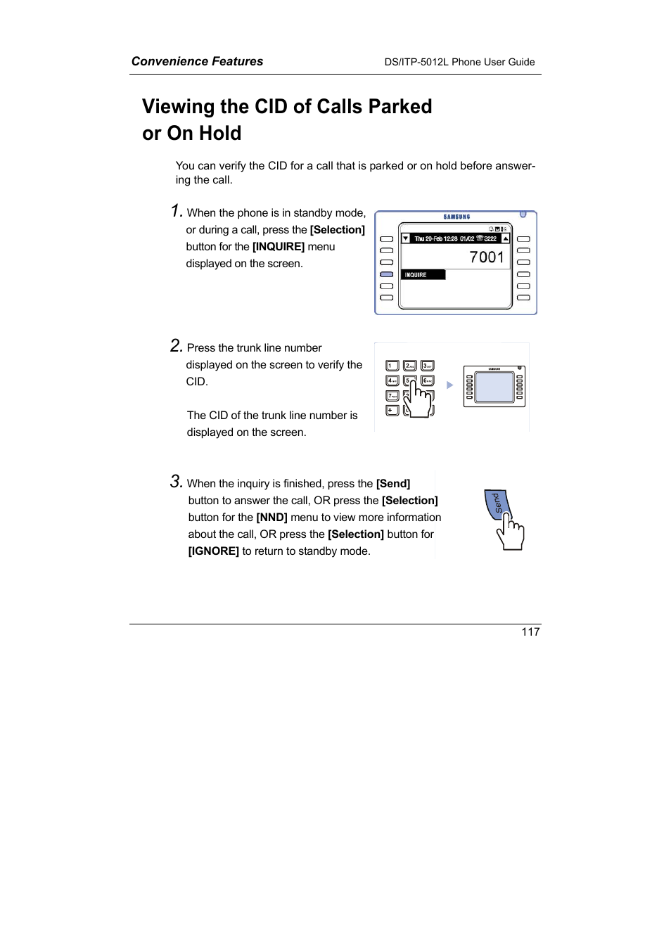 Viewing the cid of calls parked or on hold | Samsung DS-5012L User Manual | Page 130 / 187