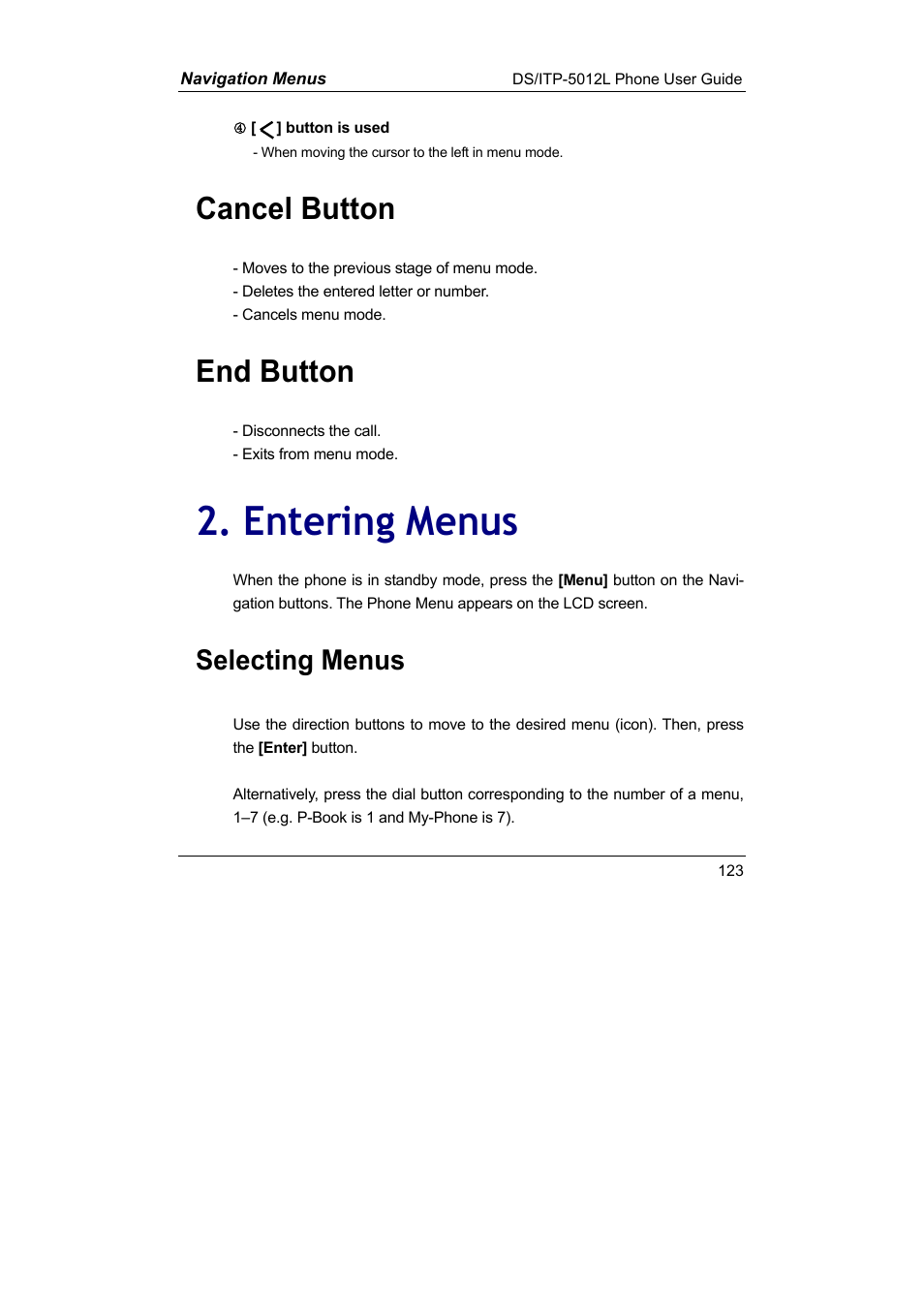 Entering menus, Cancel button, End button | Selecting menus | Samsung DS-5012L User Manual | Page 136 / 187