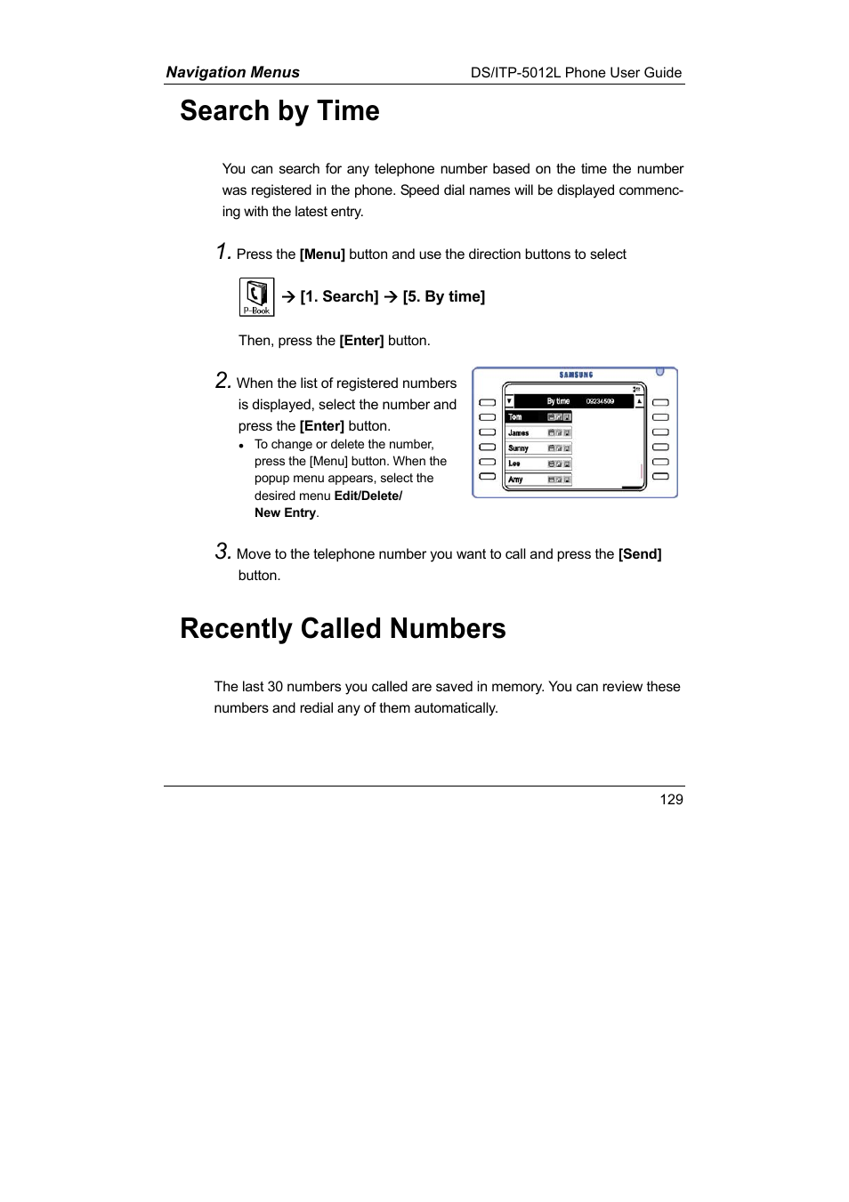 Search by time recently called numbers, Search by time, Recently called numbers | Samsung DS-5012L User Manual | Page 142 / 187