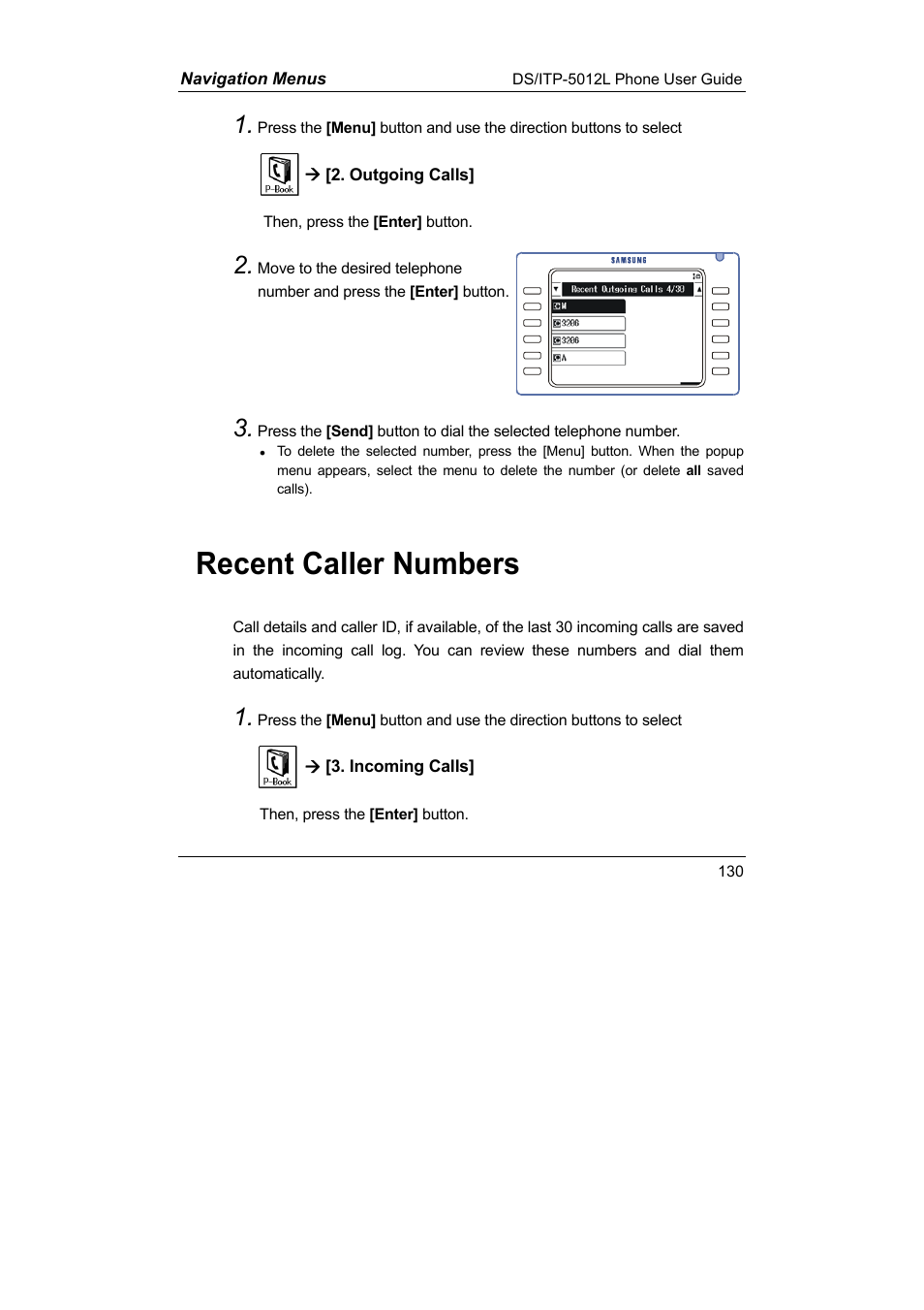 Recent caller numbers | Samsung DS-5012L User Manual | Page 143 / 187
