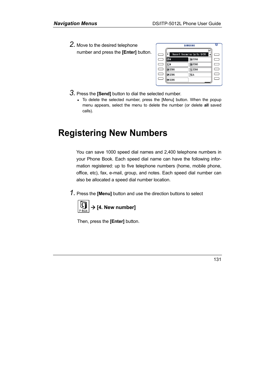 Registering new numbers | Samsung DS-5012L User Manual | Page 144 / 187