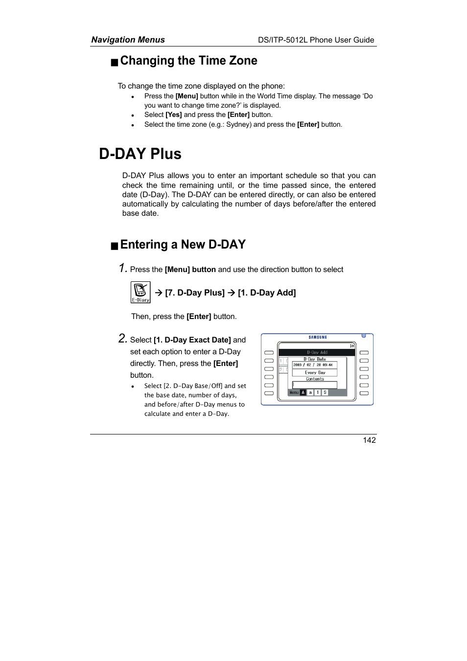D-day plus, Changing the time zone, Entering a new d-day 1 | Samsung DS-5012L User Manual | Page 155 / 187
