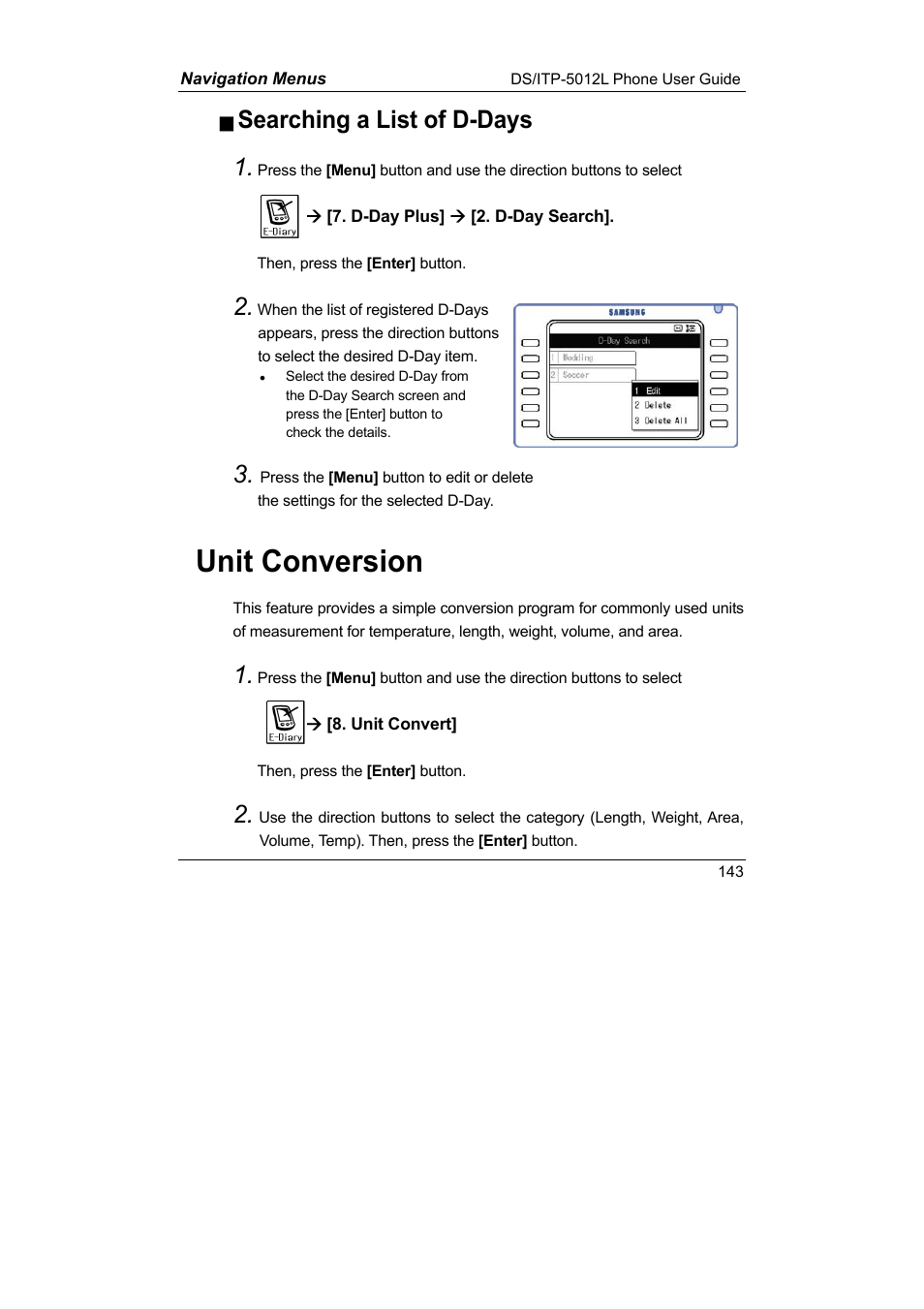 Unit conversion, Searching a list of d-days 1 | Samsung DS-5012L User Manual | Page 156 / 187