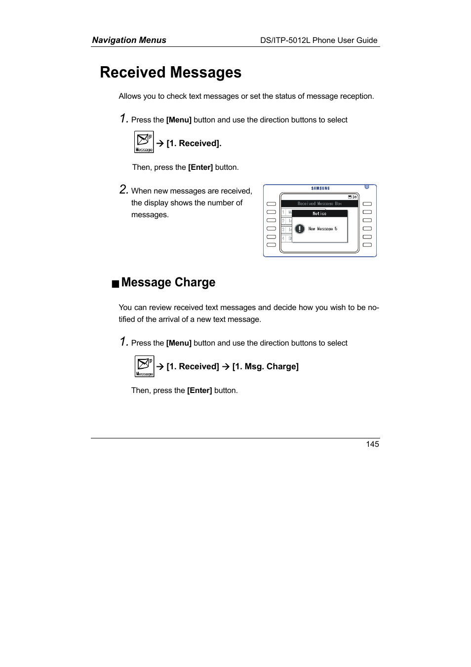 Received messages, Message charge | Samsung DS-5012L User Manual | Page 158 / 187