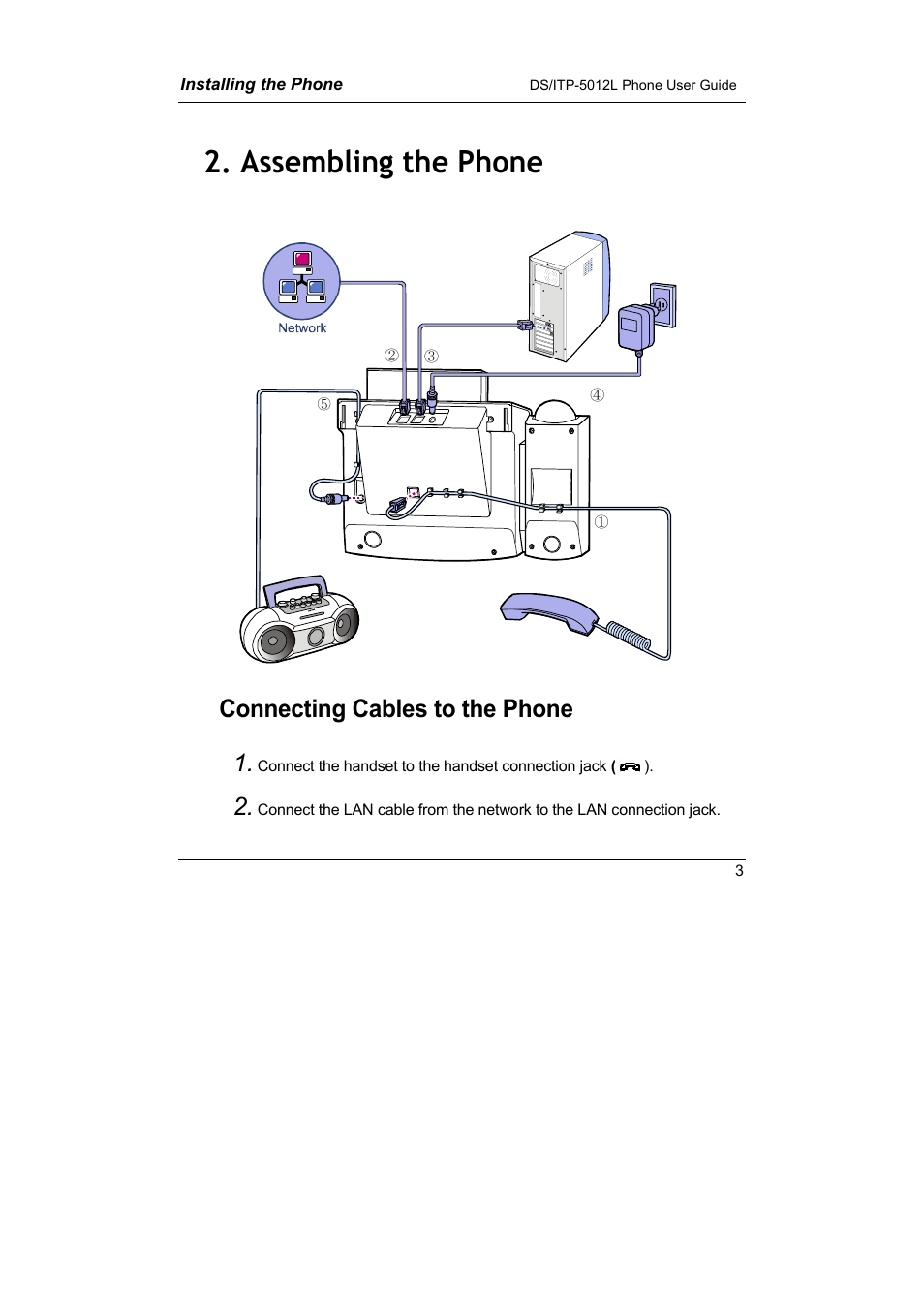 Assembling the phone, Connecting cables to the phone 1 | Samsung DS-5012L User Manual | Page 16 / 187