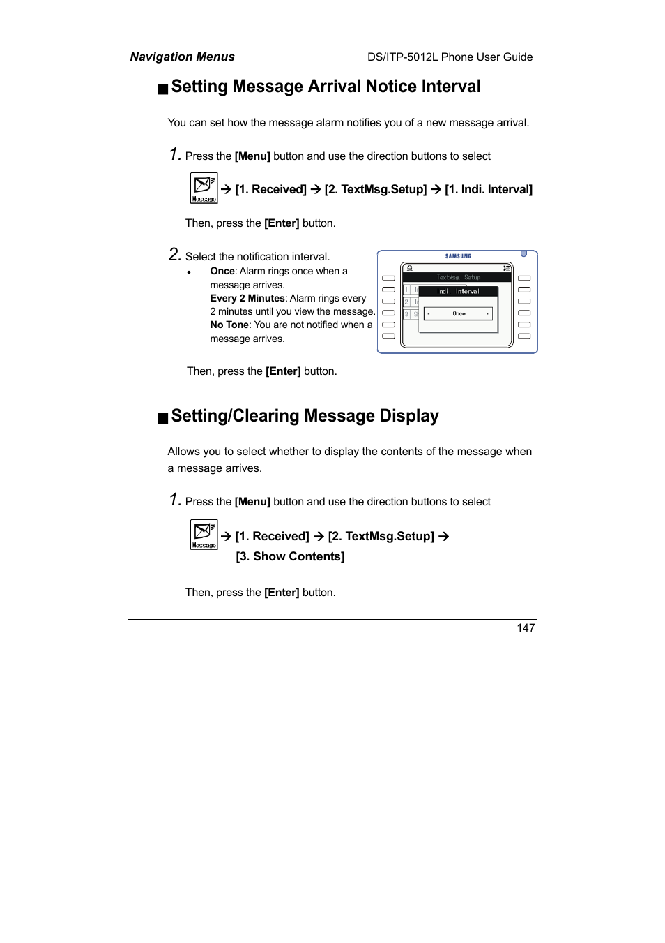 Setting message arrival notice interval, Setting/clearing message display | Samsung DS-5012L User Manual | Page 160 / 187