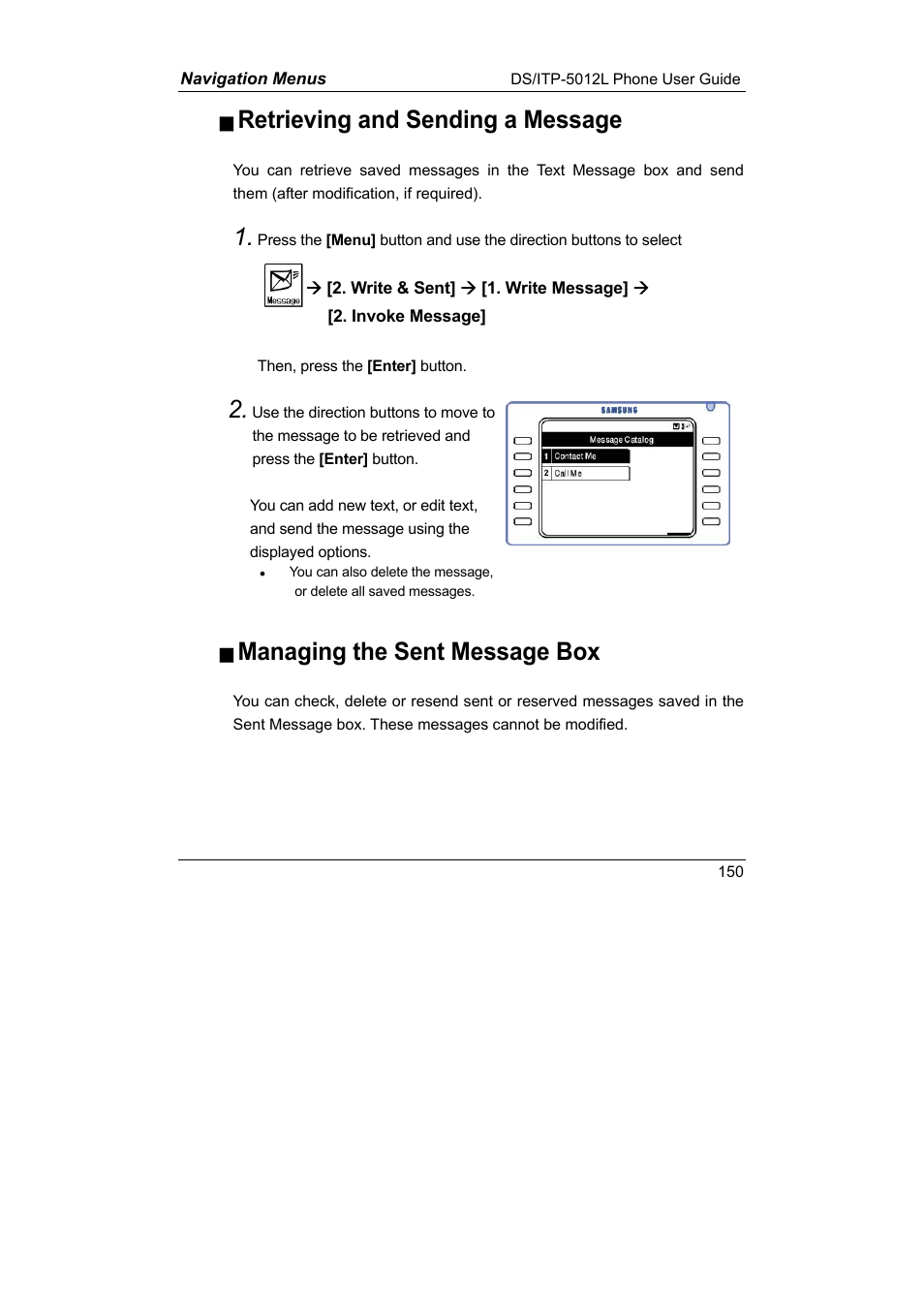 Retrieving and sending a message, Managing the sent message box | Samsung DS-5012L User Manual | Page 163 / 187