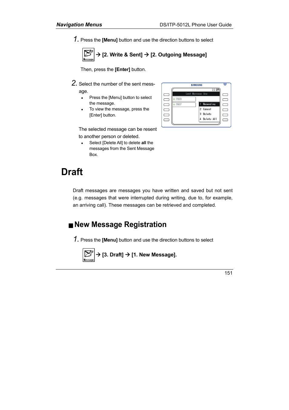 Draft, New message registration 1 | Samsung DS-5012L User Manual | Page 164 / 187