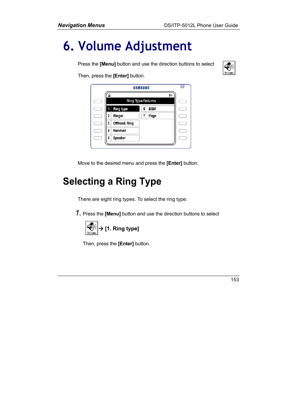 Volume adjustment, Volume adjustment selecting a ring type, Selecting a ring type | Samsung DS-5012L User Manual | Page 166 / 187