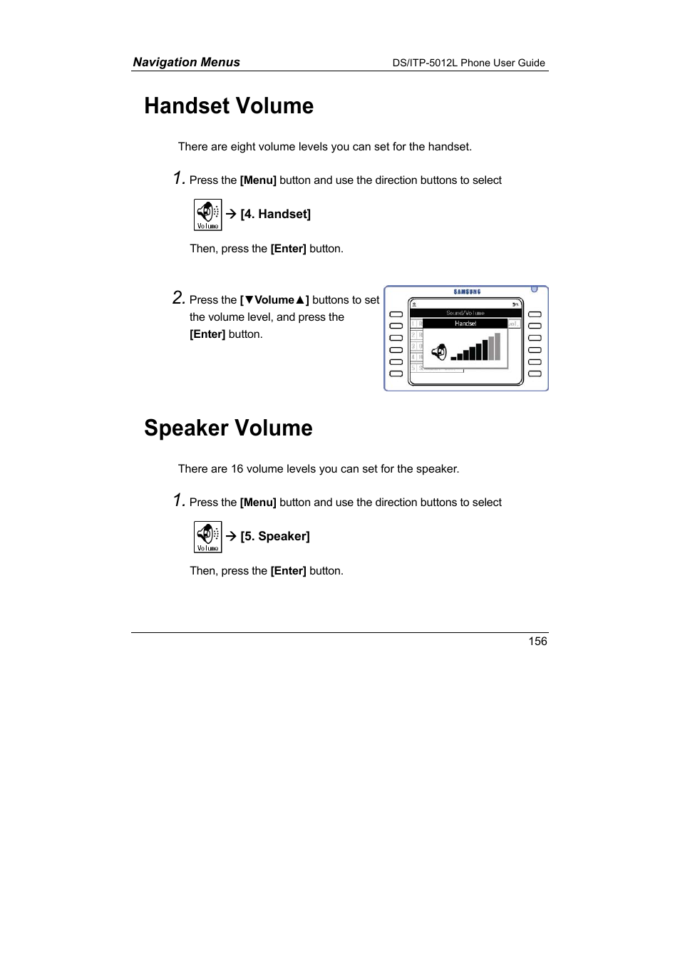 Handset volume speaker volume, Handset volume, Speaker volume | Samsung DS-5012L User Manual | Page 169 / 187