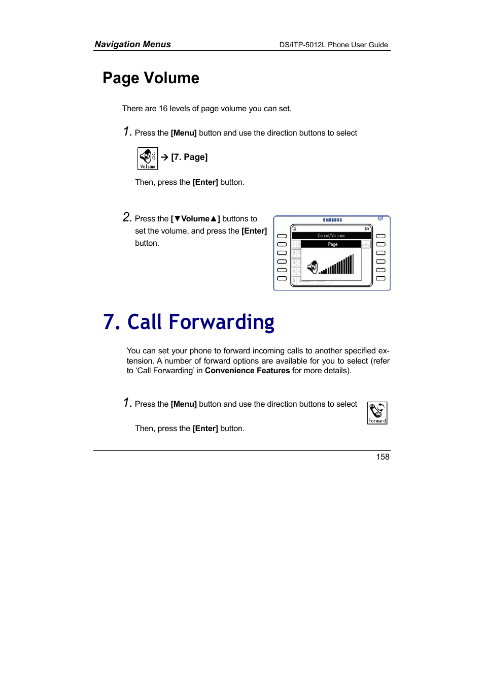 Call forwarding, Page volume | Samsung DS-5012L User Manual | Page 171 / 187