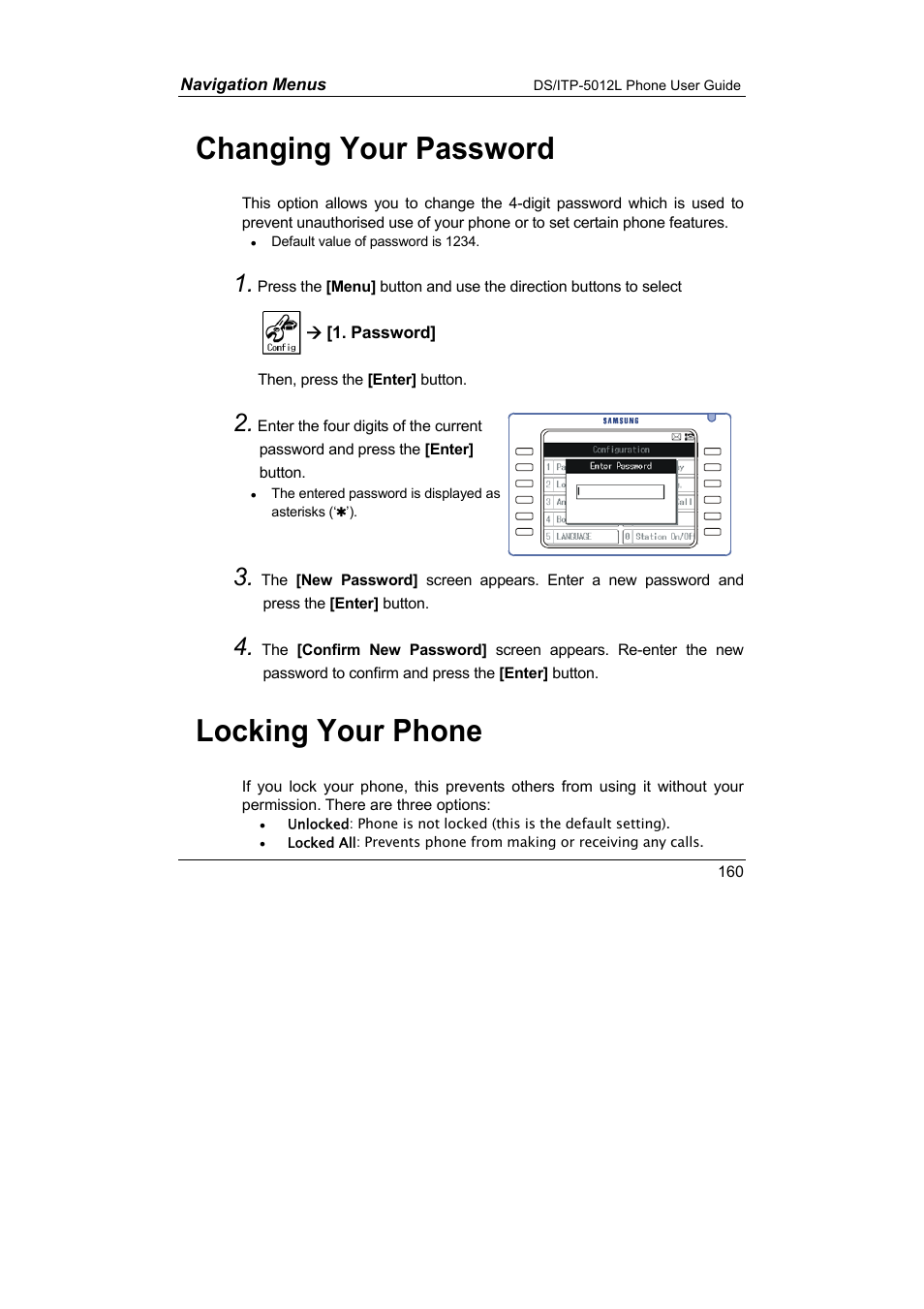 Changing your password locking your phone, Changing your password, Locking your phone | Samsung DS-5012L User Manual | Page 173 / 187