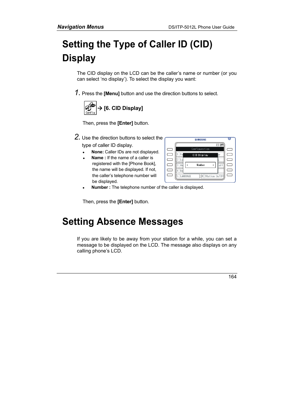 Sages, Navigation menus (configuration), Setting the type of caller id (cid) display | Setting absence messages | Samsung DS-5012L User Manual | Page 177 / 187