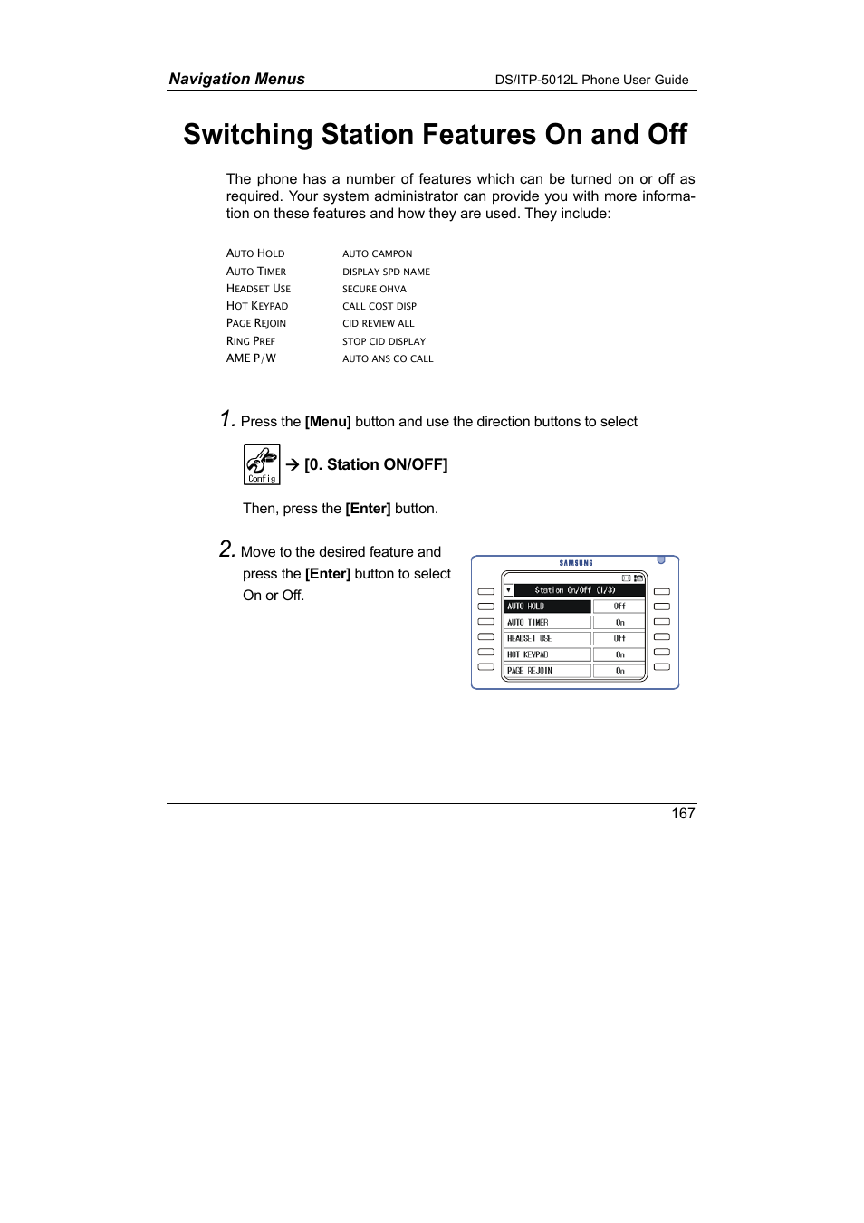 Switching station features on & off, Switching station features on and off, Navigation menus | Æ[0. station on/off | Samsung DS-5012L User Manual | Page 180 / 187