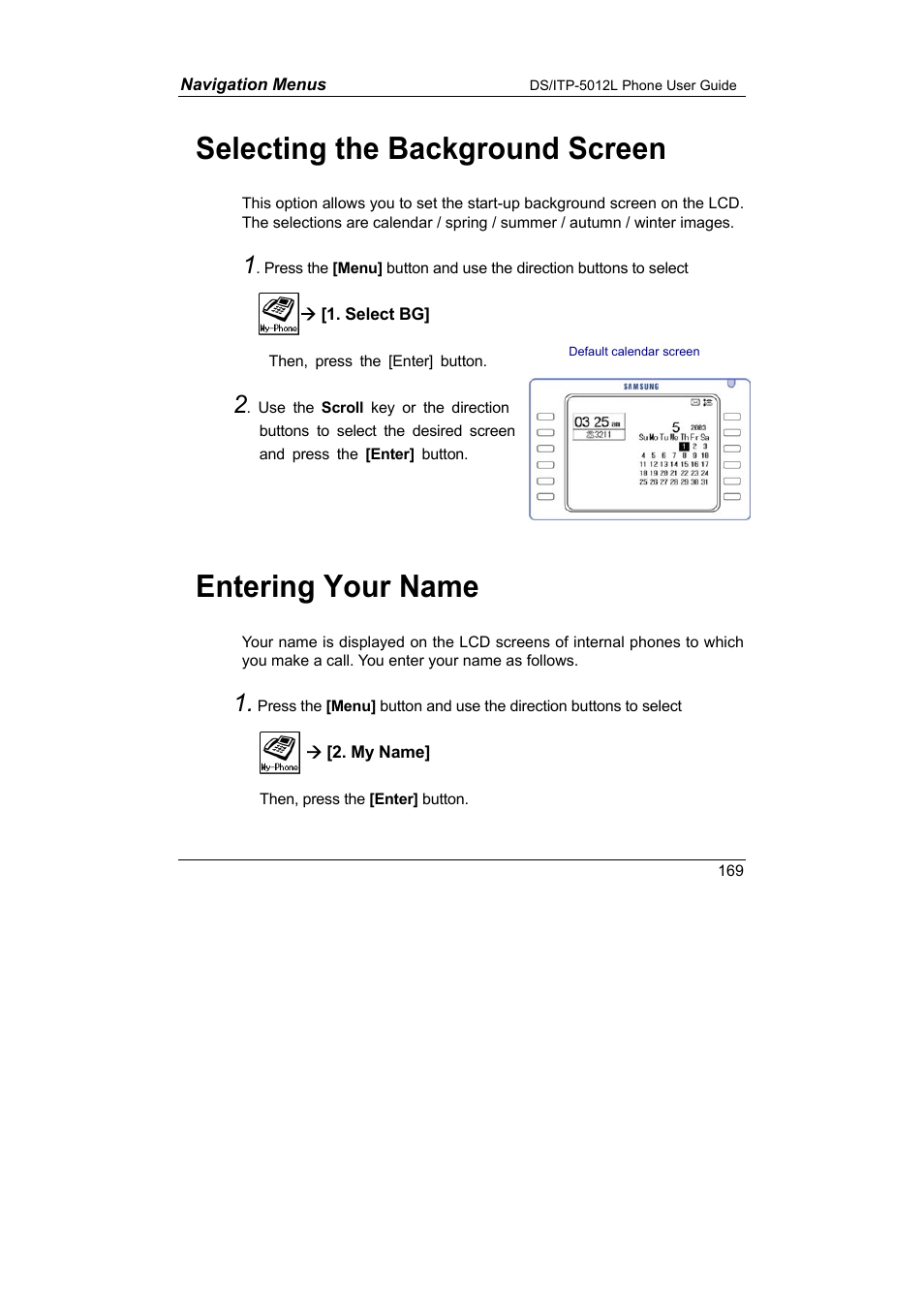 Select the background screen entering your name, Selecting the background screen, Entering your name | Samsung DS-5012L User Manual | Page 182 / 187