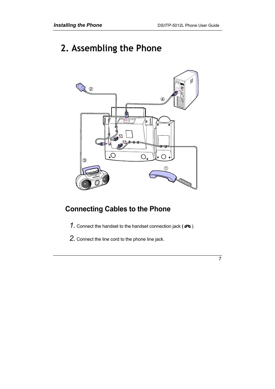 Assembling the phone, Assembling, The phone | Connecting cables to the phone 1 | Samsung DS-5012L User Manual | Page 20 / 187
