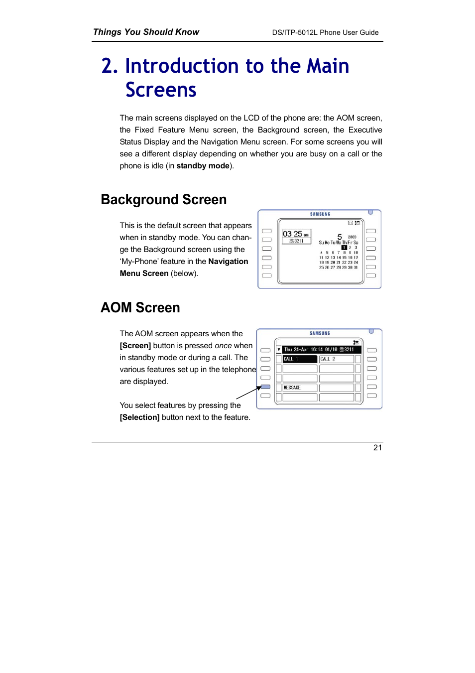 Introduction to the main screens, Background screen, Aom screen | Samsung DS-5012L User Manual | Page 34 / 187