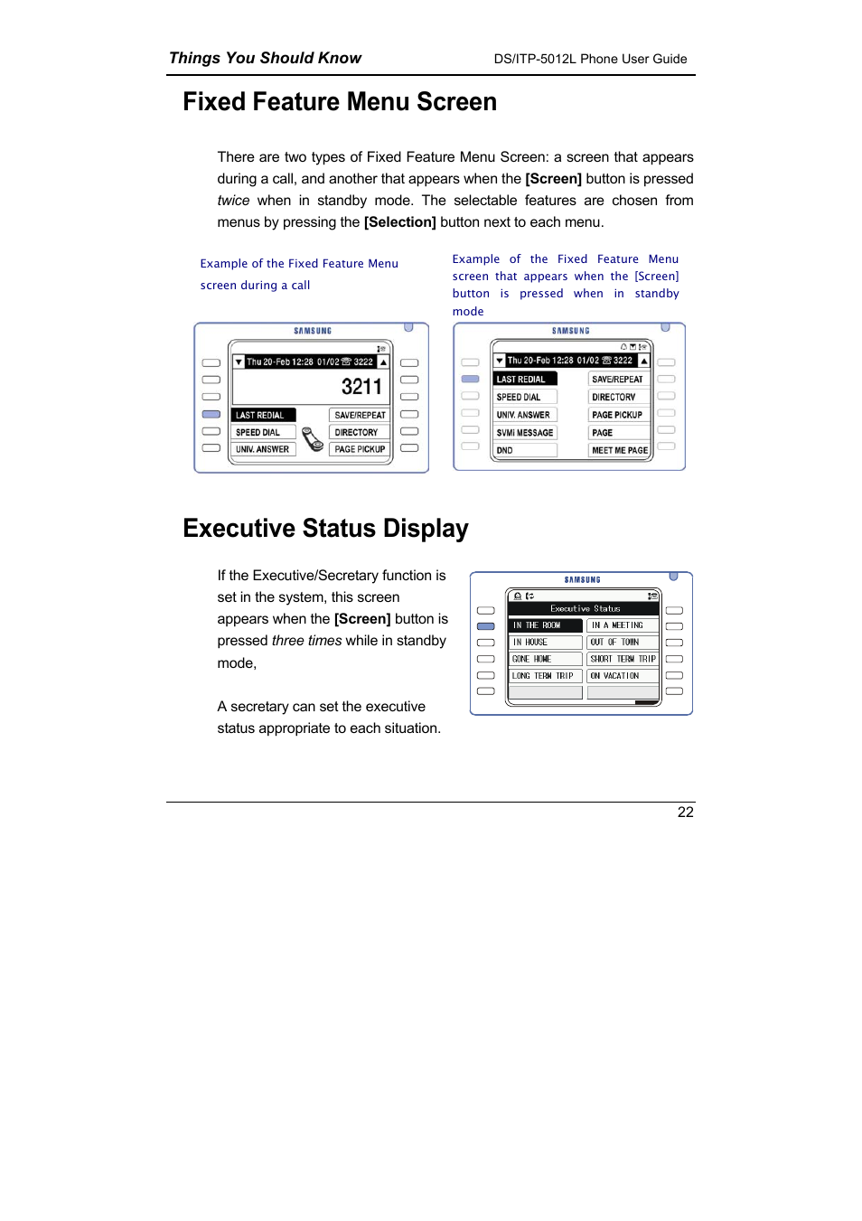 Fixed feature menu screen executive status display, Fixed feature menu screen, Executive status display | Samsung DS-5012L User Manual | Page 35 / 187