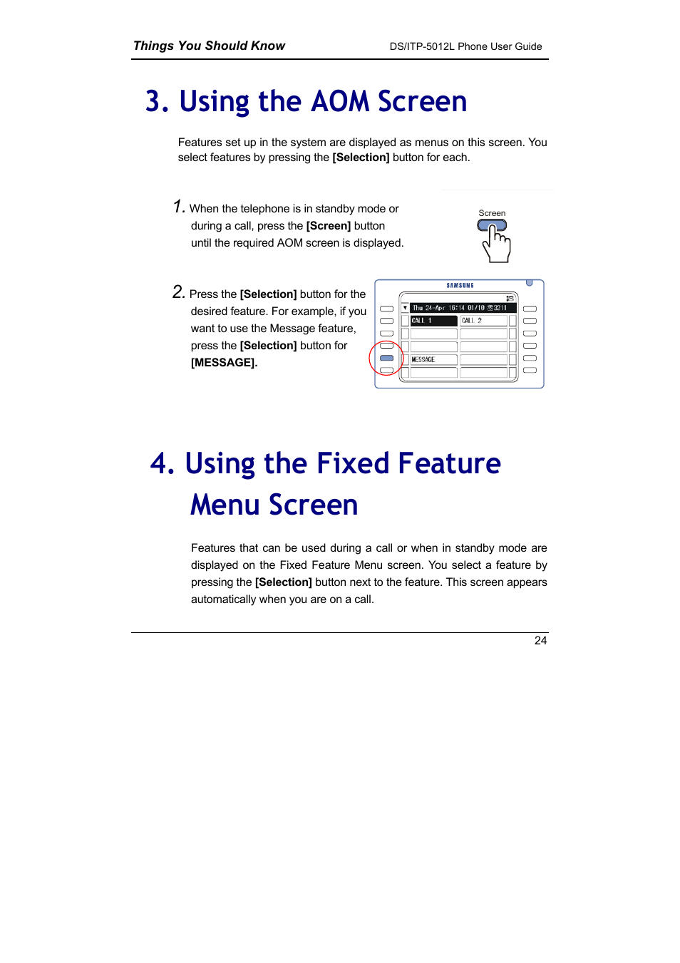 Using the aom screen, Using the fixed feature menu screen | Samsung DS-5012L User Manual | Page 37 / 187