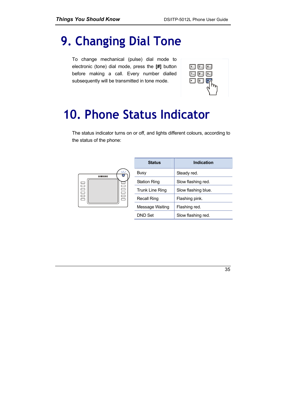 Changing dial tone, Phone status indicator, Changing dial tone 10. phone status indicator | Samsung DS-5012L User Manual | Page 48 / 187