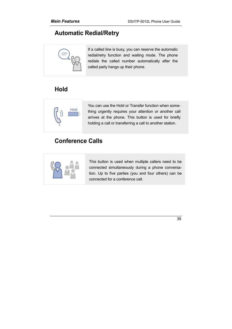 Automatic redial/retry, Hold, Conference calls | Samsung DS-5012L User Manual | Page 52 / 187