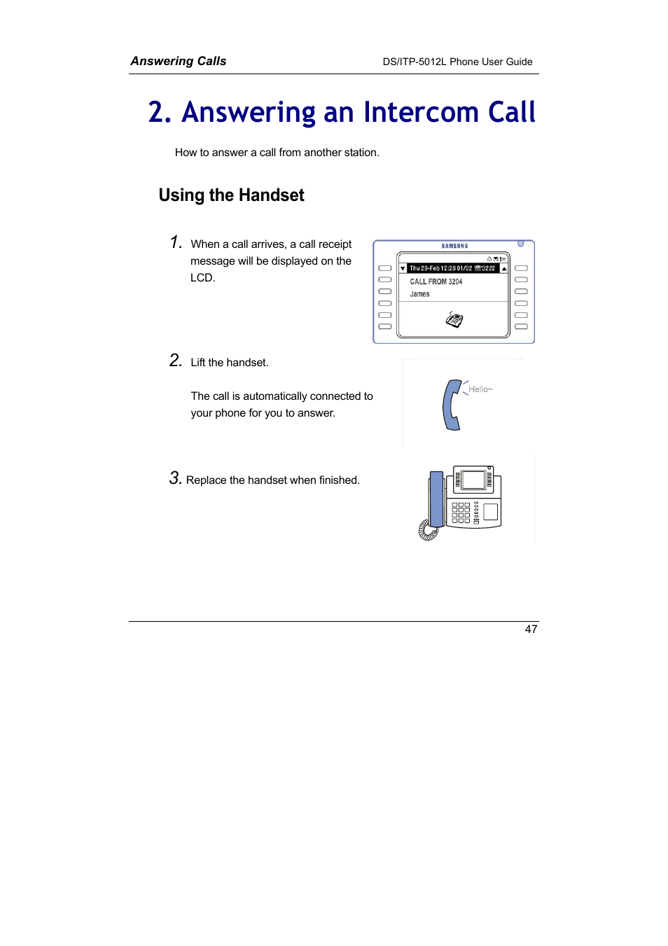 Answering an intercom call, Using the handset | Samsung DS-5012L User Manual | Page 60 / 187