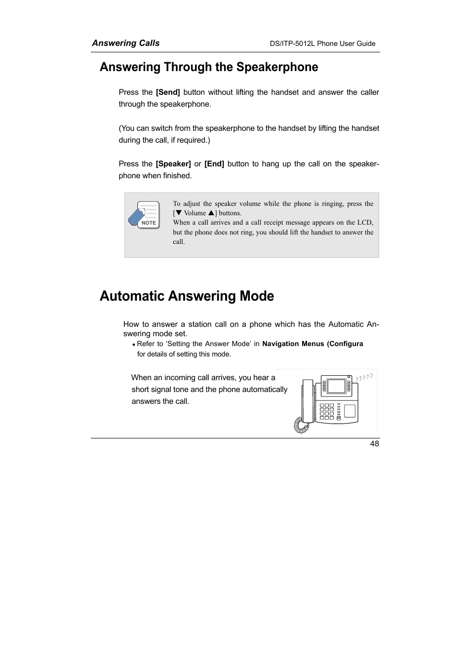 Automatic answering mode, Answering through the speakerphone | Samsung DS-5012L User Manual | Page 61 / 187