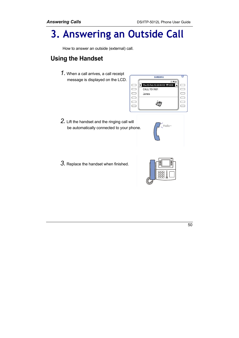 Answering an outside call, Using the handset 1 | Samsung DS-5012L User Manual | Page 63 / 187