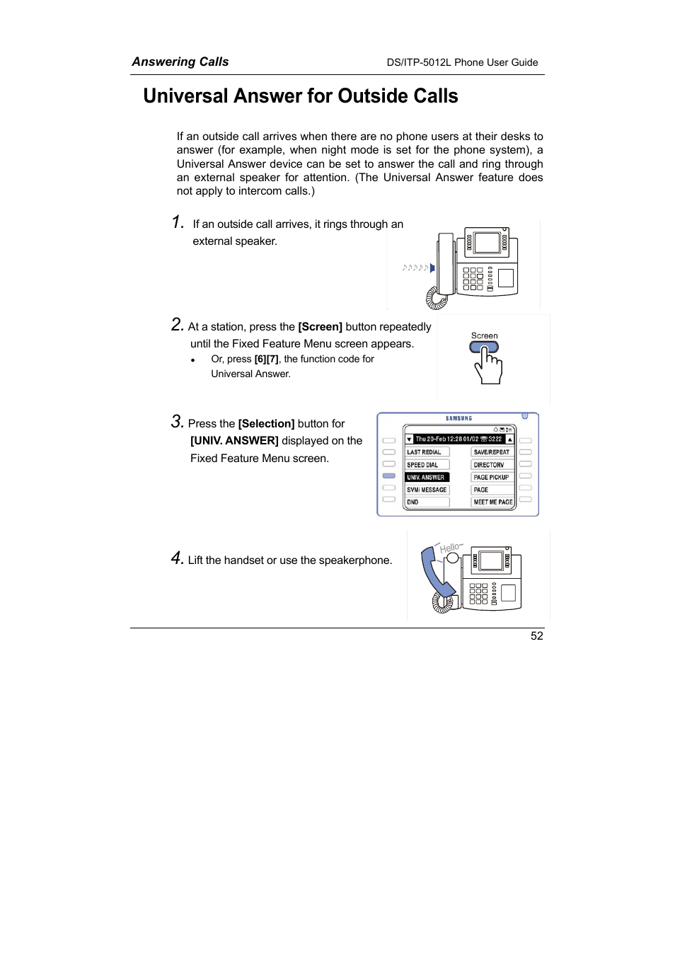 Universal answer for outside calls | Samsung DS-5012L User Manual | Page 65 / 187