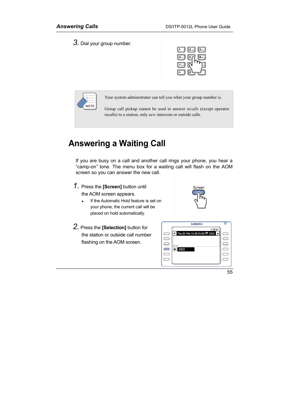 Answering a waiting call | Samsung DS-5012L User Manual | Page 68 / 187