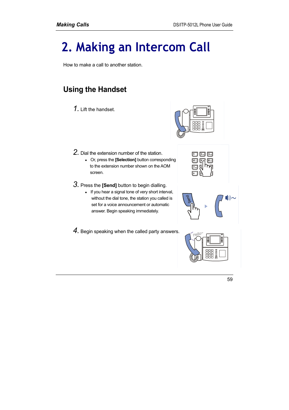 Making an intercom call, Using the handset | Samsung DS-5012L User Manual | Page 72 / 187
