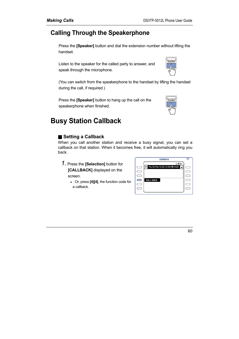 Busy station callback, Calling through the speakerphone | Samsung DS-5012L User Manual | Page 73 / 187