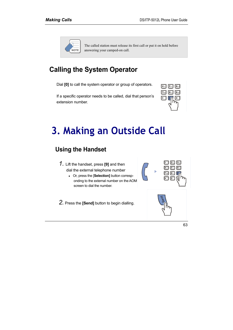 Making an outside call, Calling the system operator, Using the handset 1 | Samsung DS-5012L User Manual | Page 76 / 187